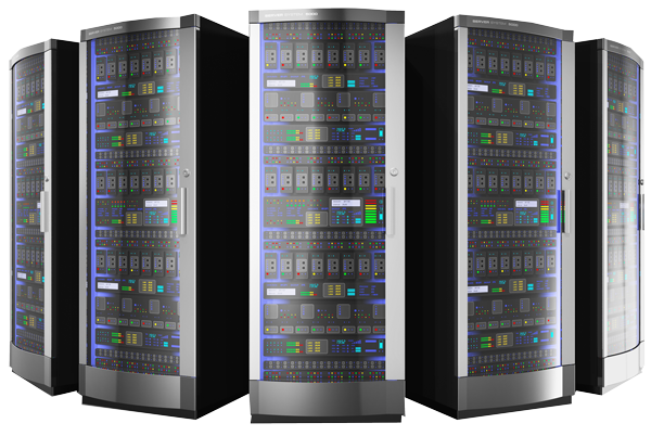 Row of data centre server racks with status lights