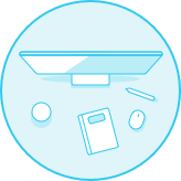 Icon of a desk with documents and stationery, representing our services