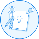 Icon of a notepad with a light bulb, magnifier and pencil, representing who we are